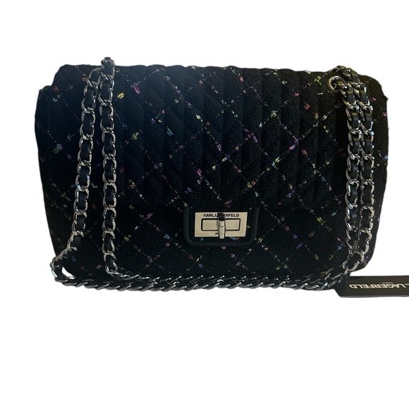 Karl Lagerfeld Embellished Boucle Black & Multi Color Fabric Shoulder Bag NWT - Picture 2 of 10